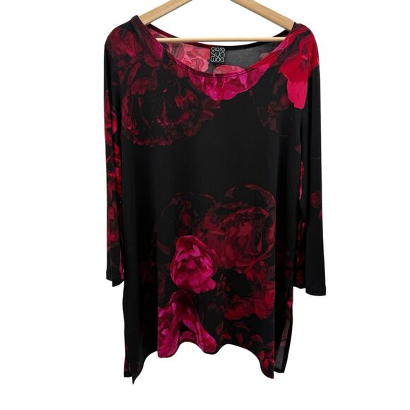 Clara Sun Woo Tops - Clara Sun Woo Womens Slinky Tunic Top XL Red Roses Dark Romantic Vamp